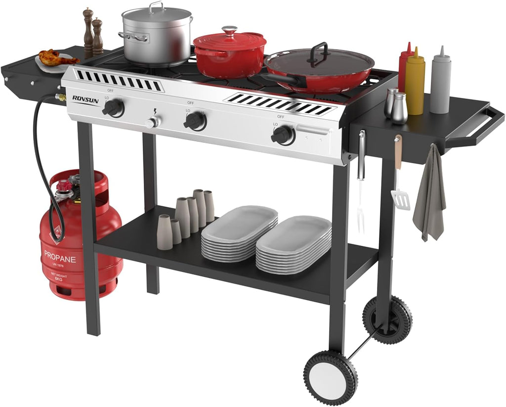 ROVSUN 3 Burner Propane Stove with Auto Ignition, 225,000 BTU Gas Stove with Side Shelves, Rolling Wheels & Regulator for Home Outdoor Backyard Camping Cooking Frying Brewing Canning