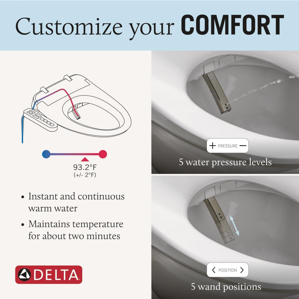 Delta Faucet Refresh Standard Elongated Electric Bidet Toilet Seat, Warm Water Bidet, Bidet Attachment for Toilet, Toilet Seat Bidet, Bidet Toilet Seat Elongated, White 893005E-WH