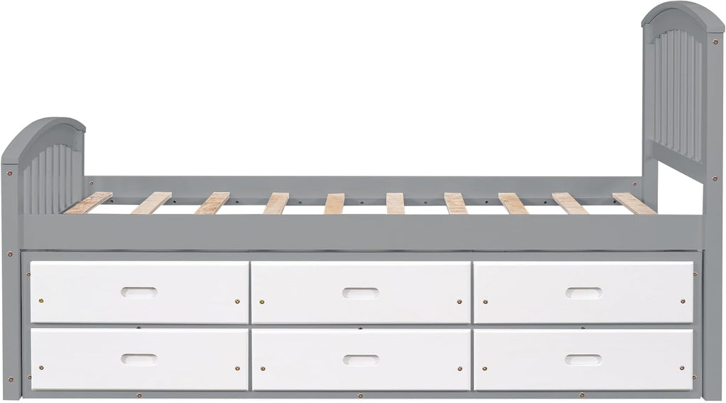 Merax Twin Size Platform Storage Bed Solid Wood Bed with 6 Drawers, Grey+ White