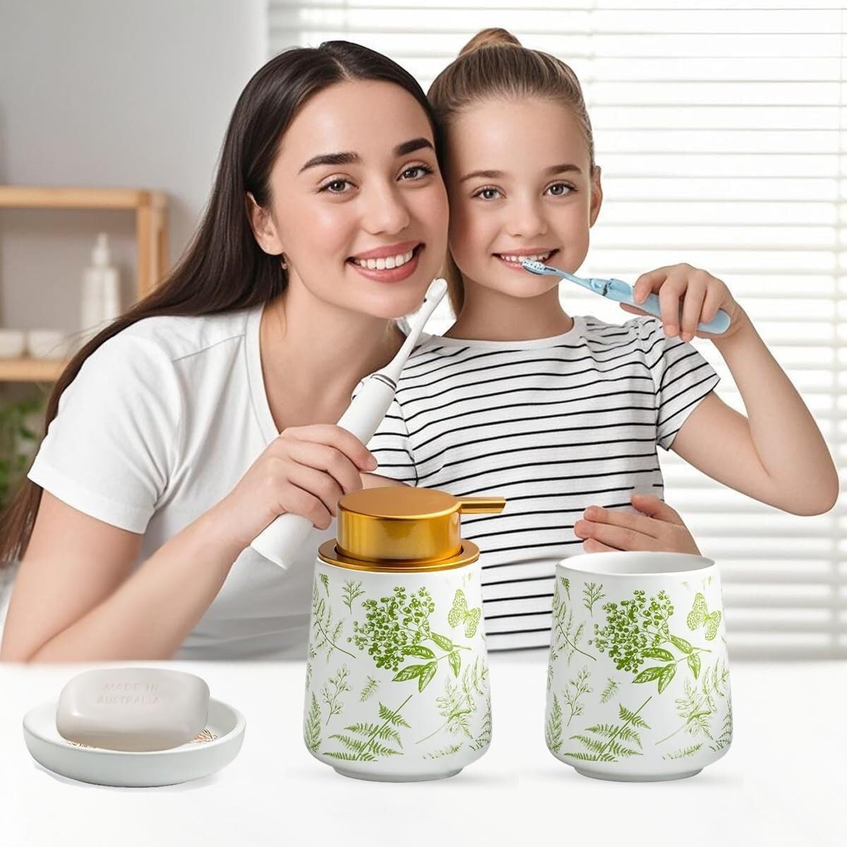 Bathroom Accessories Set Ceramic Bathroom Accessory Set Plant Patterns Accessories with Soap Dispenser Dish Tumbler for Home Decor Victorian(3 Piece Set-Greenery)
