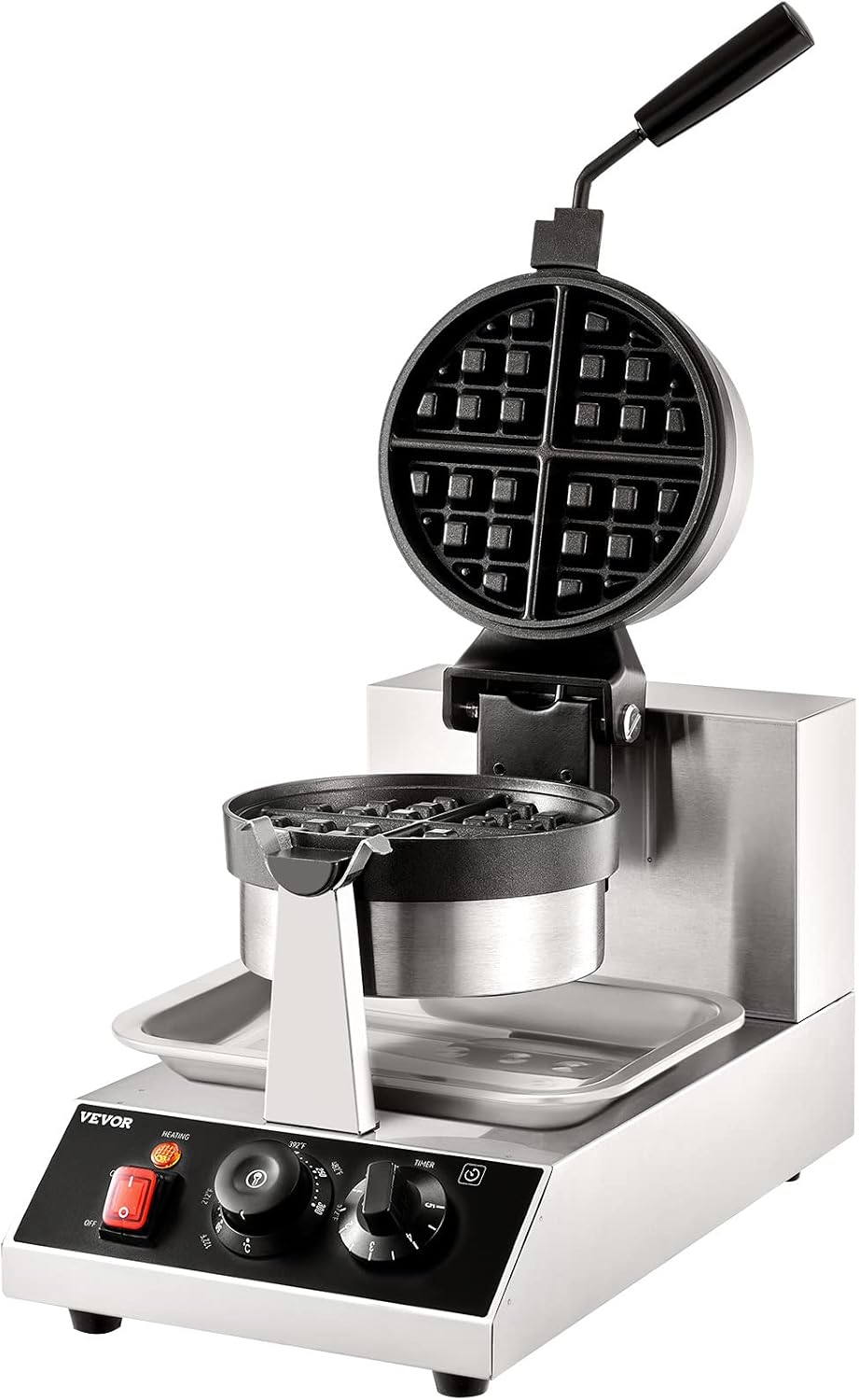 VEVOR Commercial Waffle Maker, 1300W Round Waffle Iron, Non-Stick Rotatable Waffle Baker Machine With 122-572℉ Temp Range and Time Control, Teflon-Coated Baking Pan Stainless Steel Body 110V