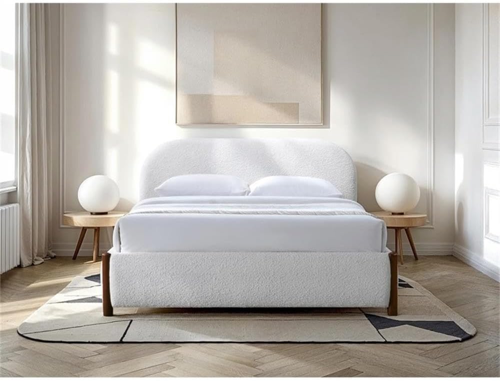 Pemberly Row Upholstered Platform Queen Bed, White Cream Boucle Fabric, Solid Wood Legs, Curved Headboard, Wooden Slat Base, No Box Spring Needed, Modern Bedroom Furniture, 69.5'W x 87.8'D x 38.2'H