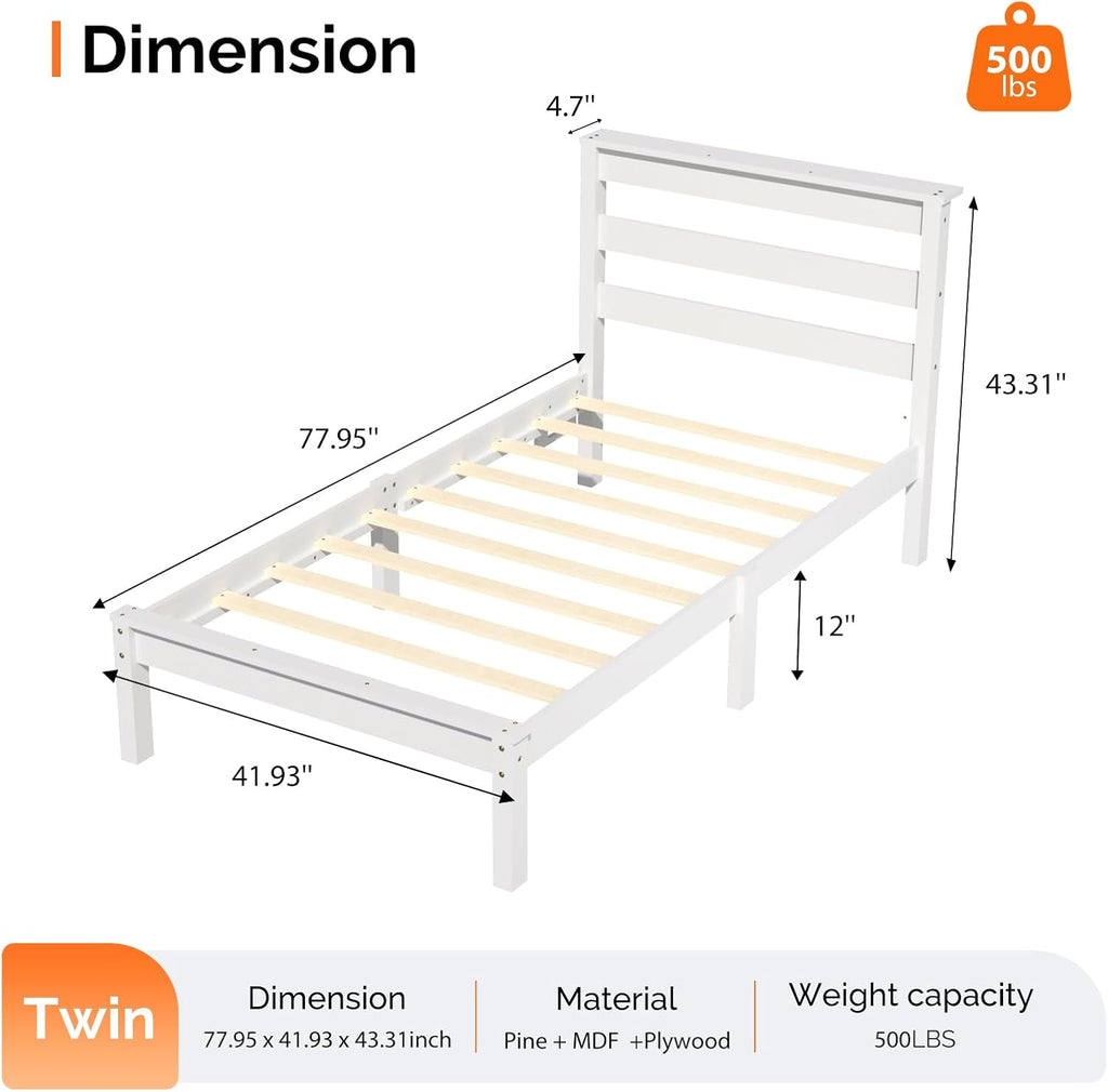 VINGLI LED Twin Bed Frame Set of 2 Solid Wood Platform Single Bed with Headboard Shelf USB Charging Station,Panel Bed, Wood Slat Support Mattress Foundation, White