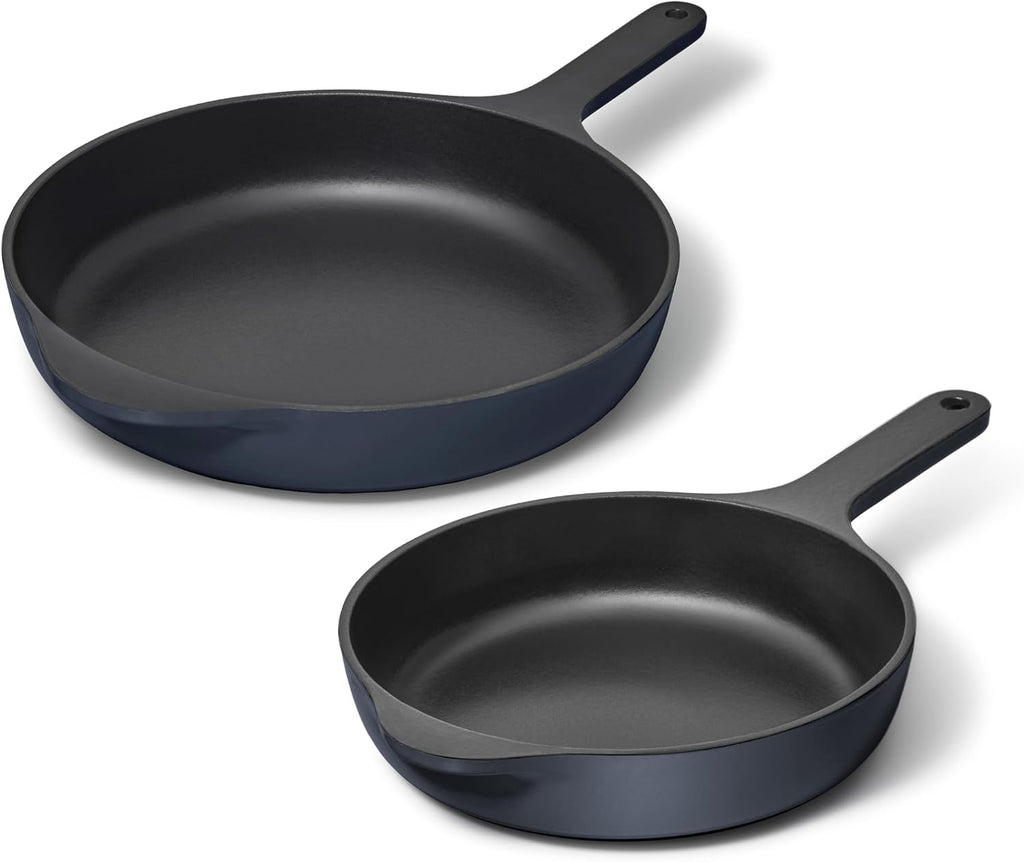 Caraway Cast Iron Skillet Set - 8' & 10.5' Enameled Cast Iron Pan With 3 Layer Enamel Coating - No Seasoning Required - Compatible With All Stovetops - Free From Forever Chemicals - Midnight Blue