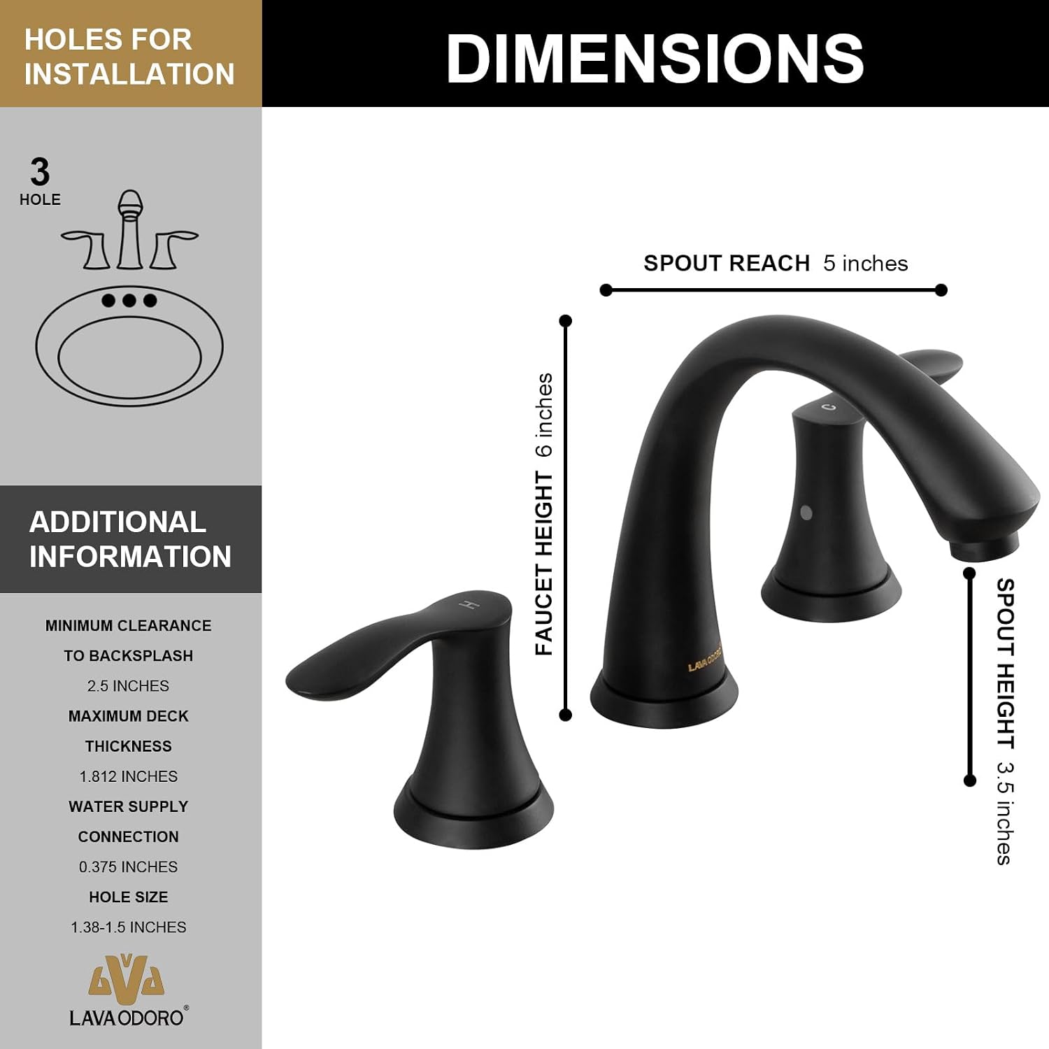 Lava Odoro Matte Black Bathroom Faucet, 8 inch Widespread Bathroom Faucet 3 Hole 2 Handle Bathroom Sink Faucet Modern Bathroom Faucet Vanity Faucet with Drain Assembly Supply Line, BF405-MB