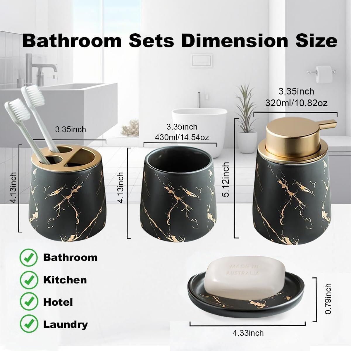 Bathroom Accessories Set Ceramic Bathroom Accessory Set Plant Patterns Accessories with Soap Dispenser Dish Tumbler for Home Decor Victorian(4 Piece Set-Black)