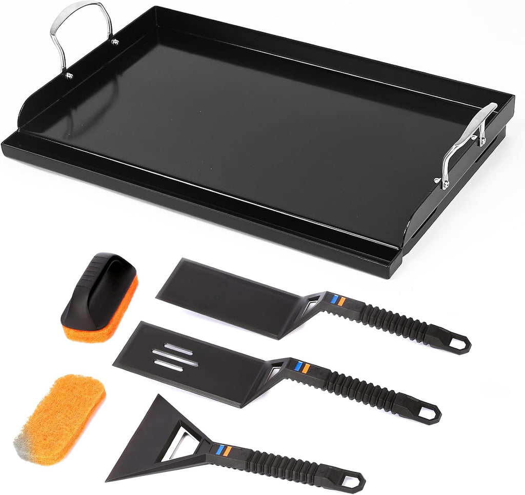 Cast Iron Griddle for Gas Grill with 5-Piece Silicone Griddle Tool Kit 25' x 16' Nano-Ceramic Nonstick Grill Griddle for Gas Charcoal Grills Flat Top Grill Accessories with Stainless Steel Core Tools