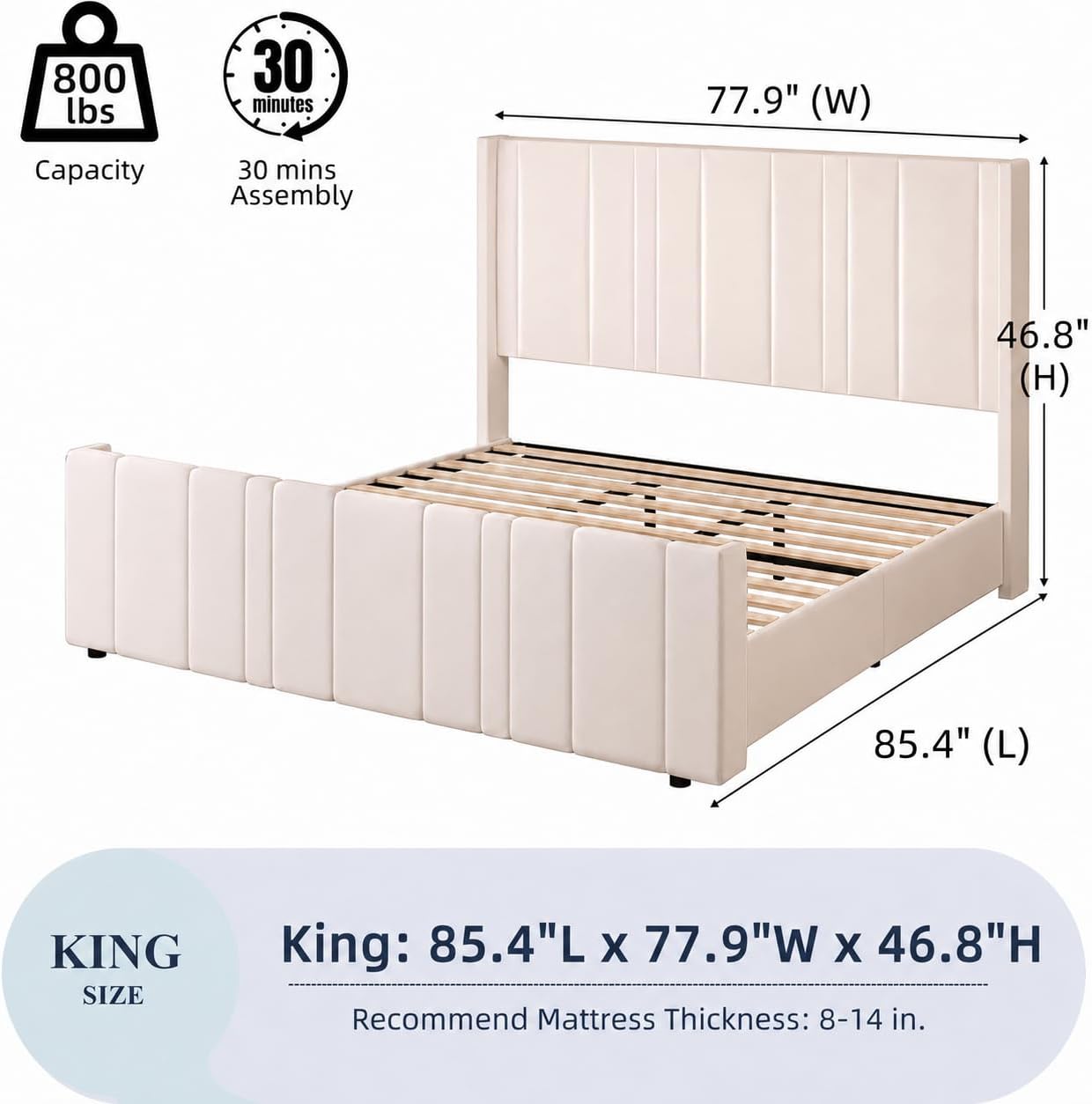 HOMBCK King Size Bed Frame, King Bed Frame with Vertical Channel Tufted Wingback Headboard & Footboard, Soft Upholstered Bed, Noise Free, Easy Assembly, Off White