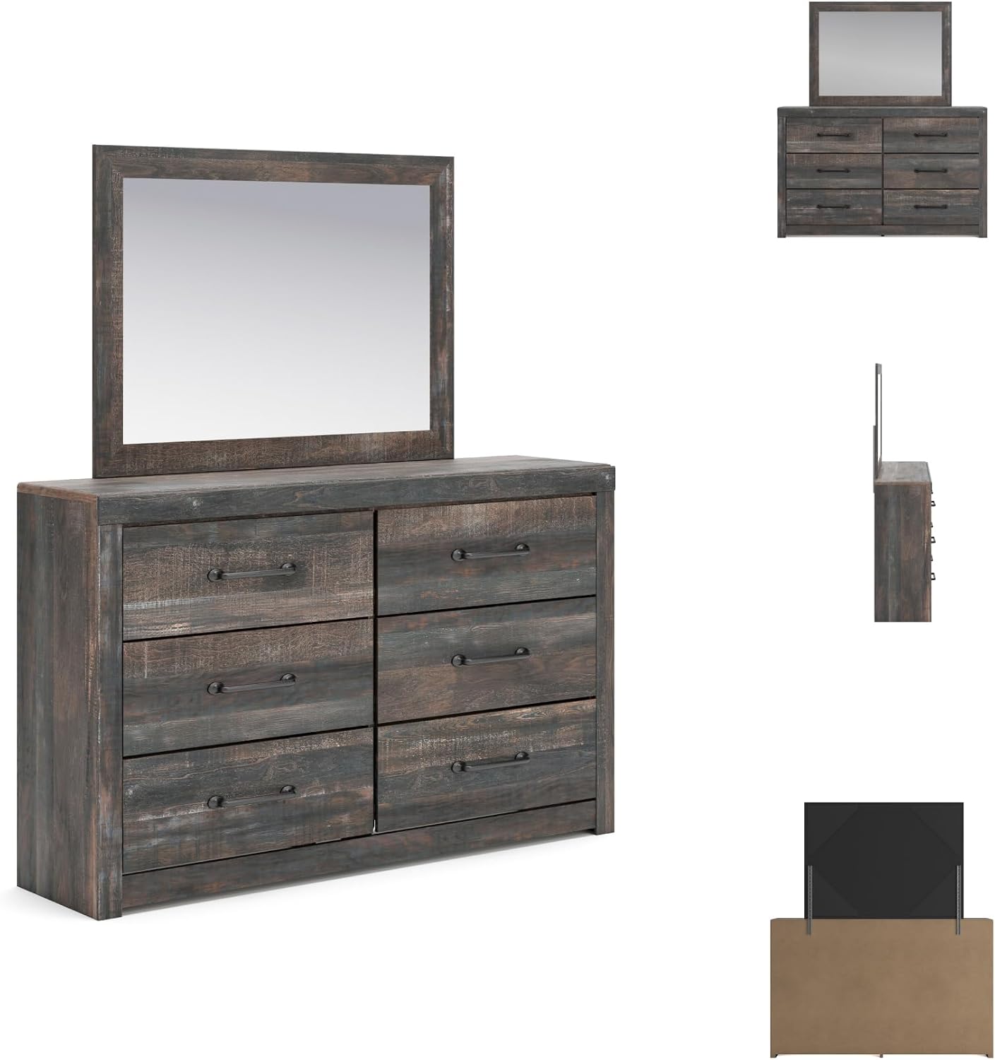 Signature Design by Ashley Drystan Rustic Smooth-Gliding 6-Drawer Dresser and Mirror with Safety Stop, Gray & Dark Brown