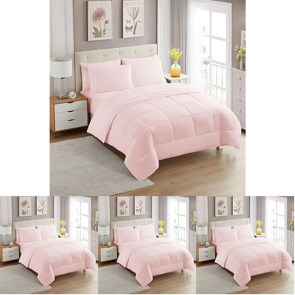 Sweet Home Collection 7 Piece Comforter Set Bag Solid Color All Season Soft Down Alternative Blanket & Luxurious Microfiber Bed Sheets, Pale Pink, Twin XL (Pack of 4)