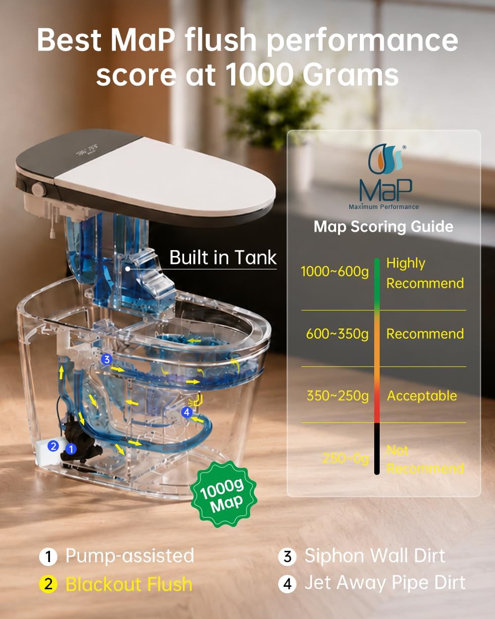 EPLO Smart Toilet Bidet with Auto Open Close,1000 Gram MaP Flush Score,Foam Dispenser, ADA Comfort Height, Moving Dryer,Auto Flush,Heated Seat,One Piece Elongated Toilet with Tank Built in U8MAX