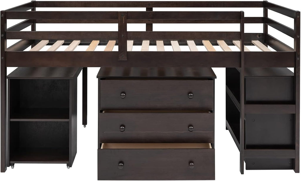 Harper & Bright Designs Wood Twin Size Loft Bed with Desk and Storage Cabinet, Low Loft Bed with Storage Drawers for Kids Teens Girls Boys, No Box Spring Needed, Space Saving, Espresso