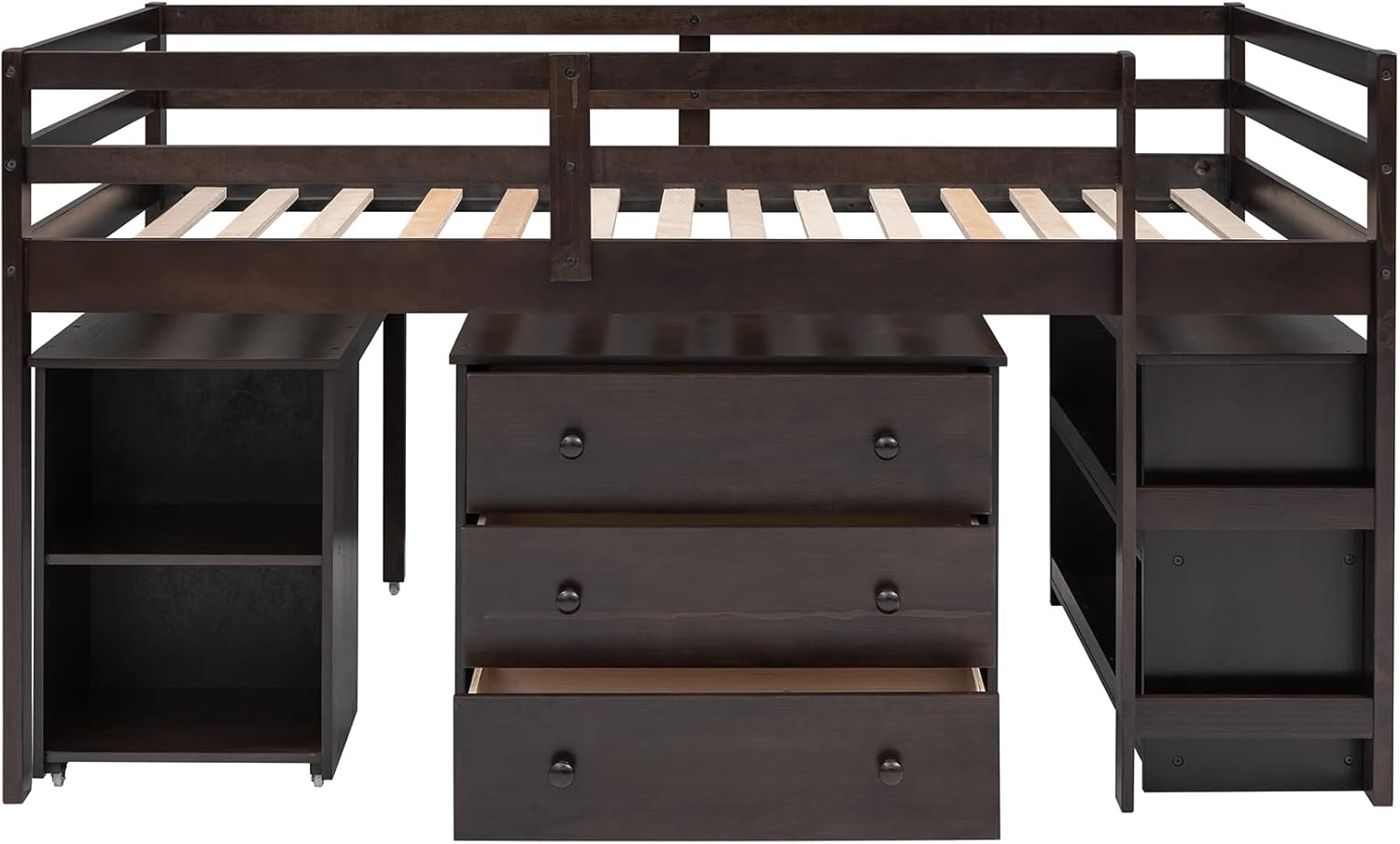 Harper & Bright Designs Wood Twin Size Loft Bed with Desk and Storage Cabinet, Low Loft Bed with Storage Drawers for Kids Teens Girls Boys, No Box Spring Needed, Space Saving, Espresso
