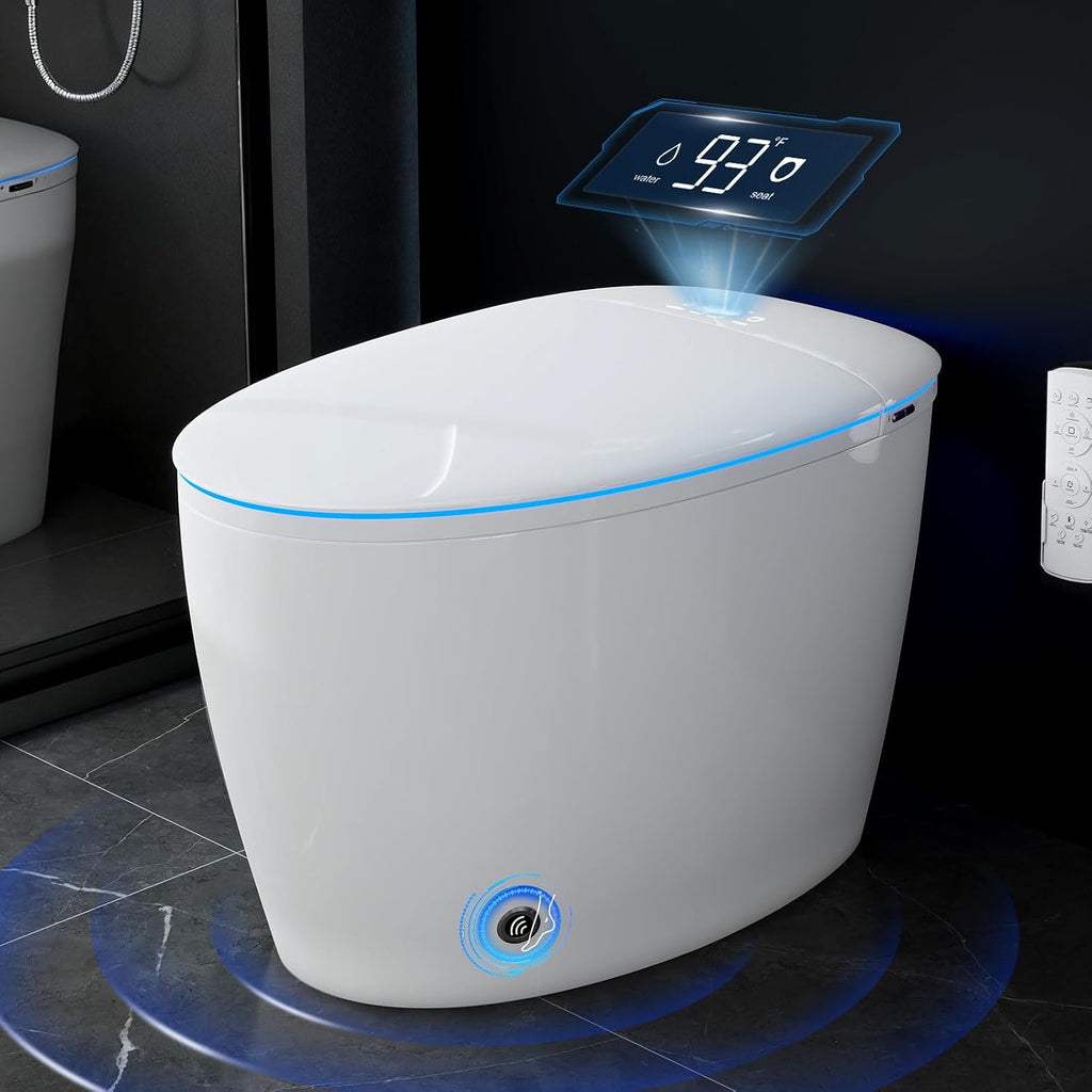 Smart Toilet with Bidet Built in, Bidet Toilet with Foam Shield, Auto Open/Close Lid & Dual Flush, Instant Warm Water & Dryer, Tankless One Piece Elongated Toilet, Foot Sensor, Night Light