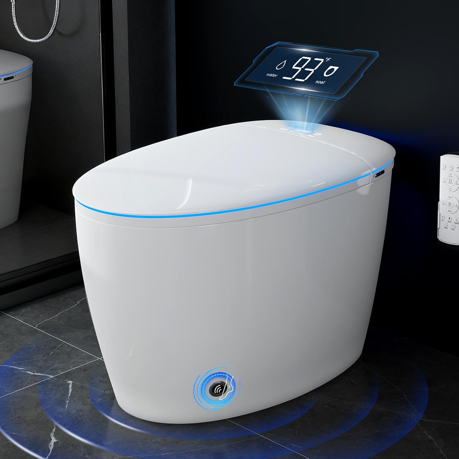 Smart Toilet with Bidet Built in, Bidet Toilet with Foam Shield, Auto Open/Close Lid & Dual Flush, Instant Warm Water & Dryer, Tankless One Piece Elongated Toilet, Foot Sensor, Night Light