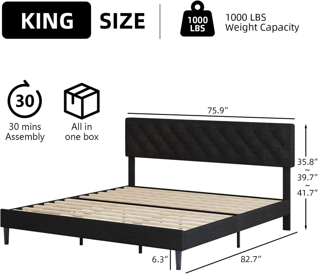 BarnFurin King Bed Frame, Upholstered Platform Bed with Button Tufted Headboard, Fabric Bed Frame with Wooden Slats Support, No Box Spring Required, Easy Assembly, Black
