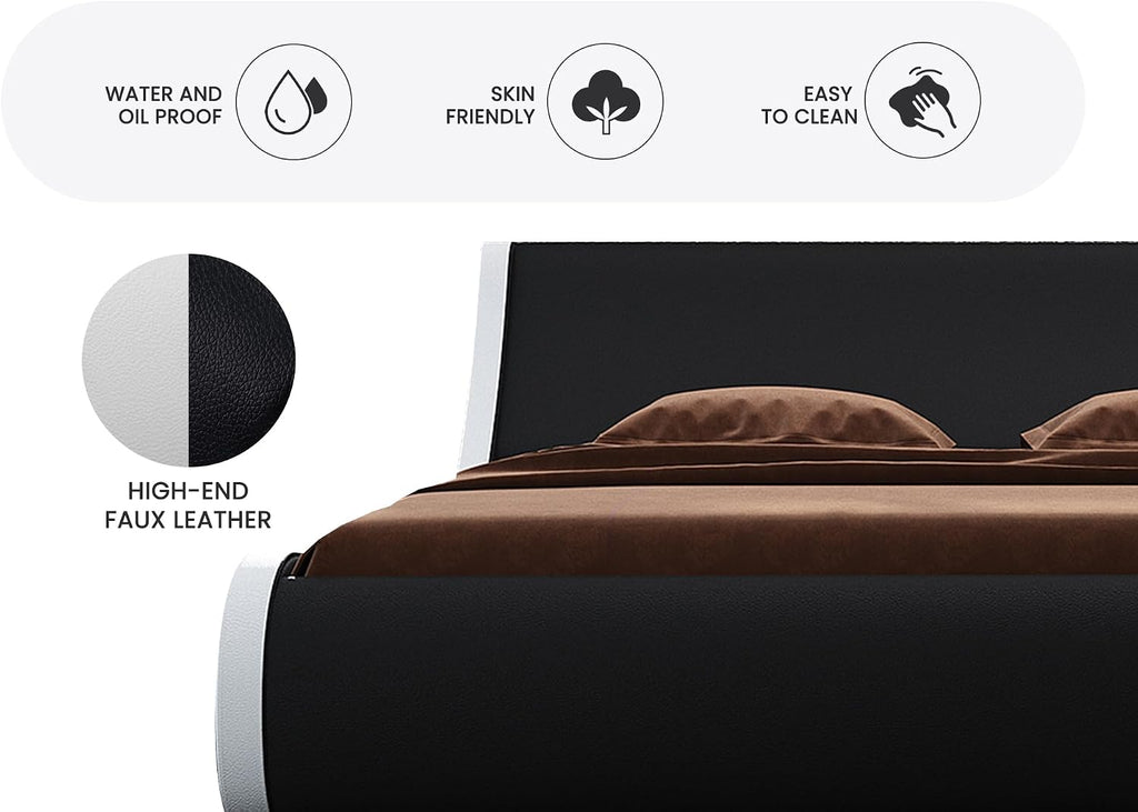 SHA CERLIN Modern Low Profile Platform Bed Frame Queen Size, Stylish Faux Leather Upholstered Sleigh Bed with Adjustable Headboard, No Box Spring Needed, Black&White