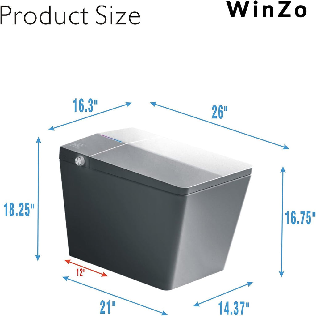WinZo Square Smart Toilet with Tank Built-in,Square With Auto Flush, Rectangle Heated Bidet & Drying, Night Light Convenient For Seniors, Luxury Bathroom Or Low Water Pressure Space (Matt Grey)
