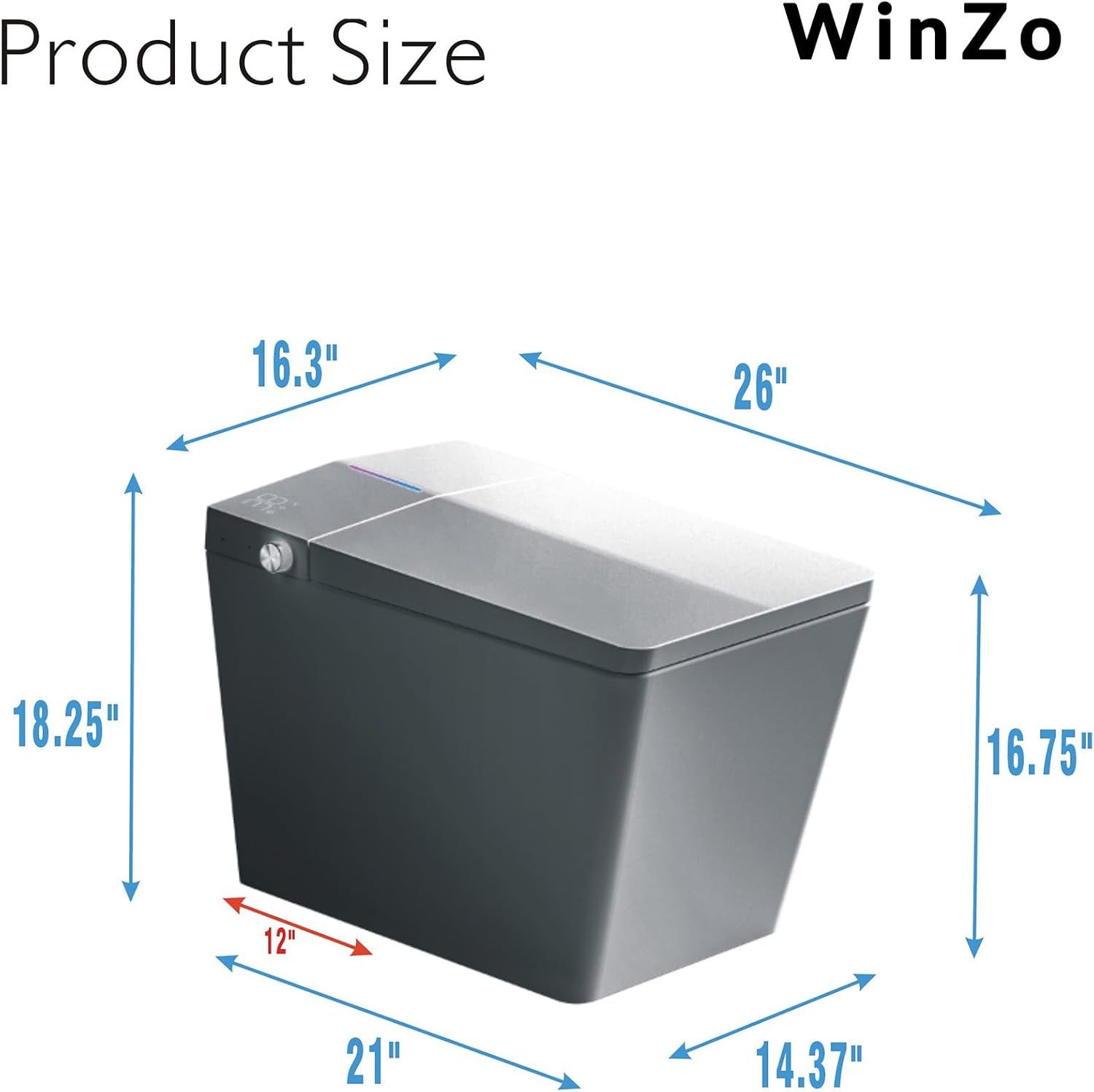 WinZo Square Smart Toilet with Tank Built-in,Square With Auto Flush, Rectangle Heated Bidet & Drying, Night Light Convenient For Seniors, Luxury Bathroom Or Low Water Pressure Space (Matt Grey)