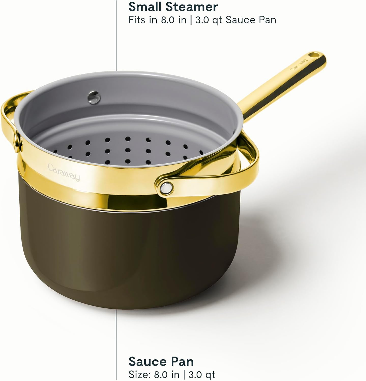 Caraway Nonstick 3 Qt Ceramic Sauce Pan with Lid & Steamer - Non Toxic, PTFE & PFOA Free - Oven Safe & Compatible with All Stovetops (Gas, Electric & Induction) - Black