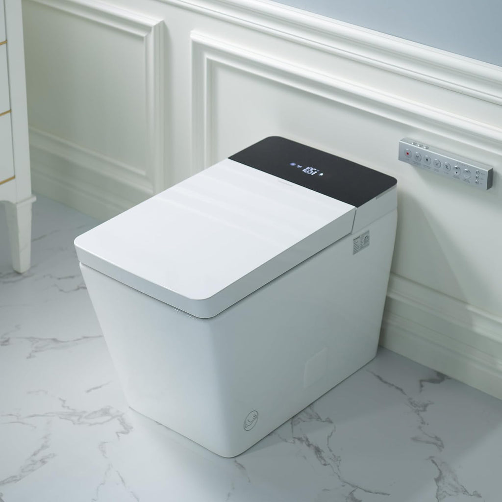 WOODBRIDGE One Piece Square Smart Toilet with with Tank,Auto Open & Close, Foot Sensor, Auto Flush, Multiple Spray Modes, Heated Seat, Warm Water and Air Dryer, Auto LED Nightlight, White