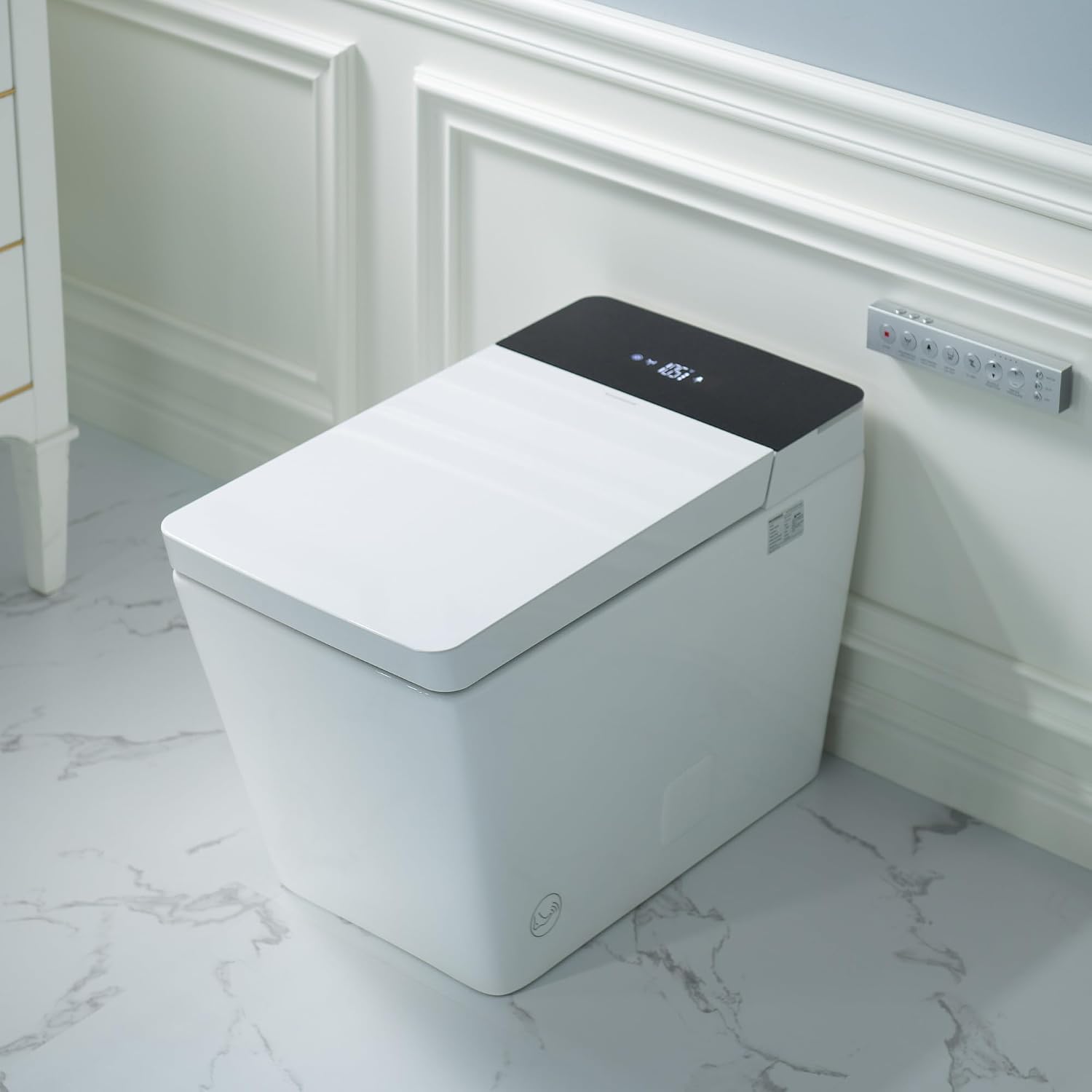 WOODBRIDGE One Piece Square Smart Toilet with with Tank,Auto Open & Close, Foot Sensor, Auto Flush, Multiple Spray Modes, Heated Seat, Warm Water and Air Dryer, Auto LED Nightlight, White
