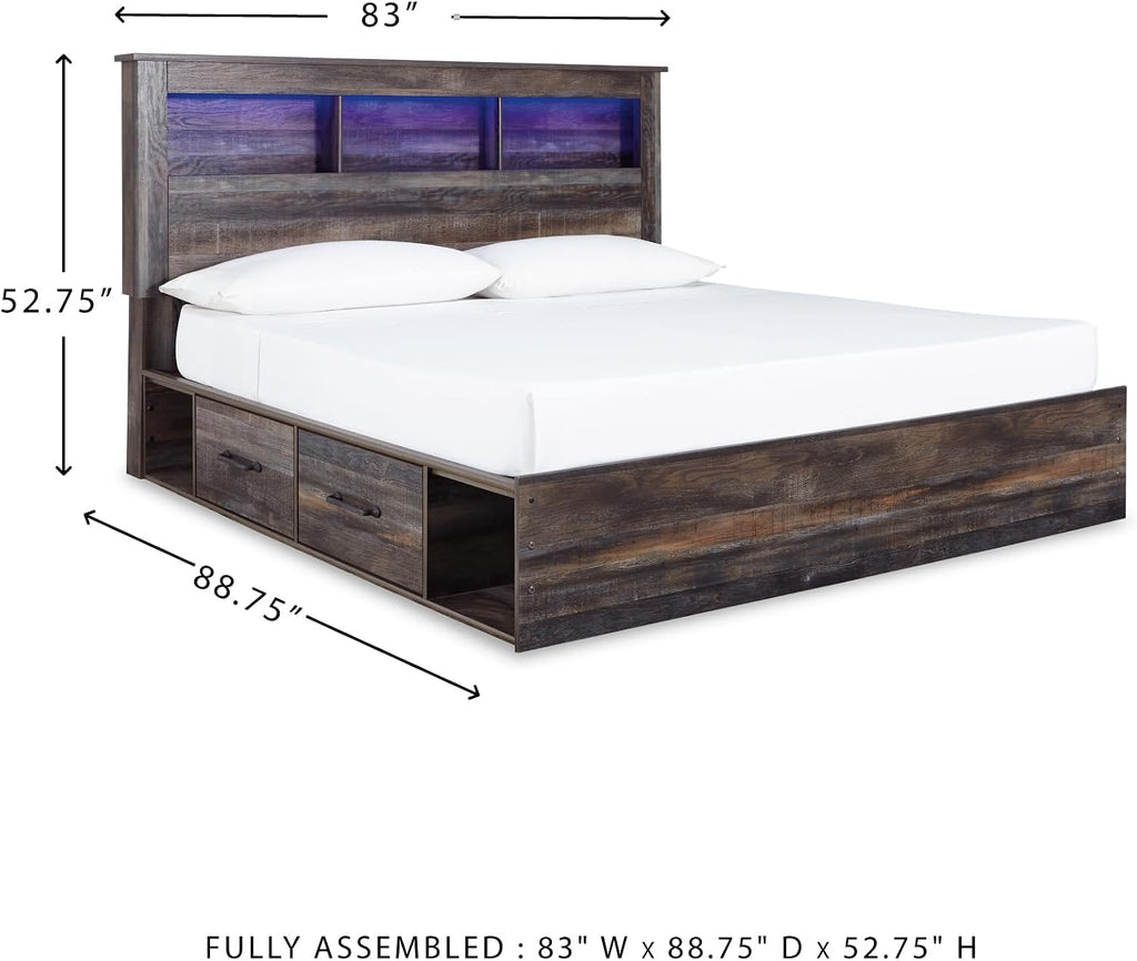 Signature Design by Ashley Drystan Rustic King Bookcase Bed with 2 Storage Drawers, Open Cubbies and LED Light, Foundation or Box Spring Not Needed, Dark Brown & Gray