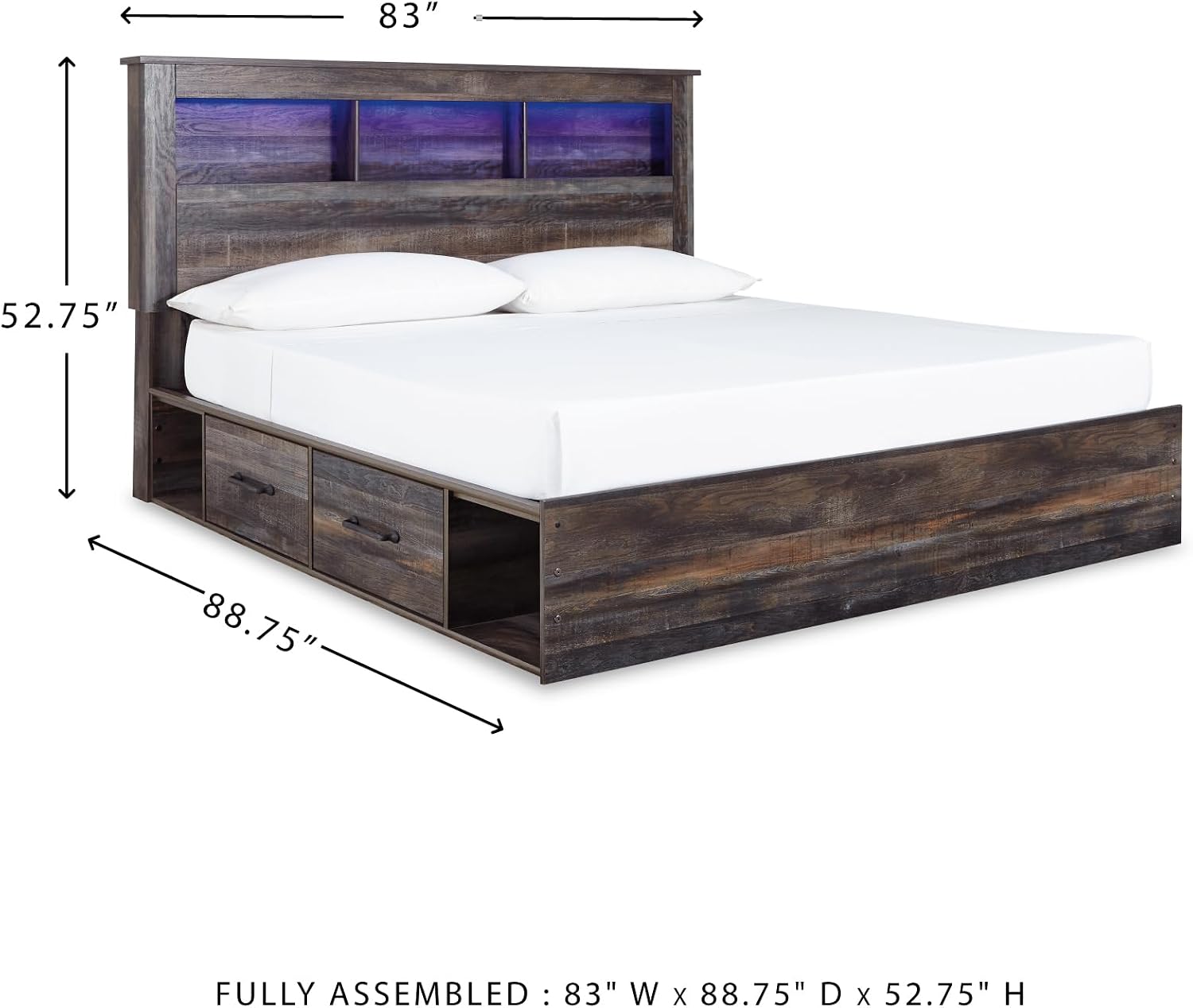 Signature Design by Ashley Drystan Rustic King Bookcase Bed with 2 Storage Drawers, Open Cubbies and LED Light, Foundation or Box Spring Not Needed, Dark Brown & Gray