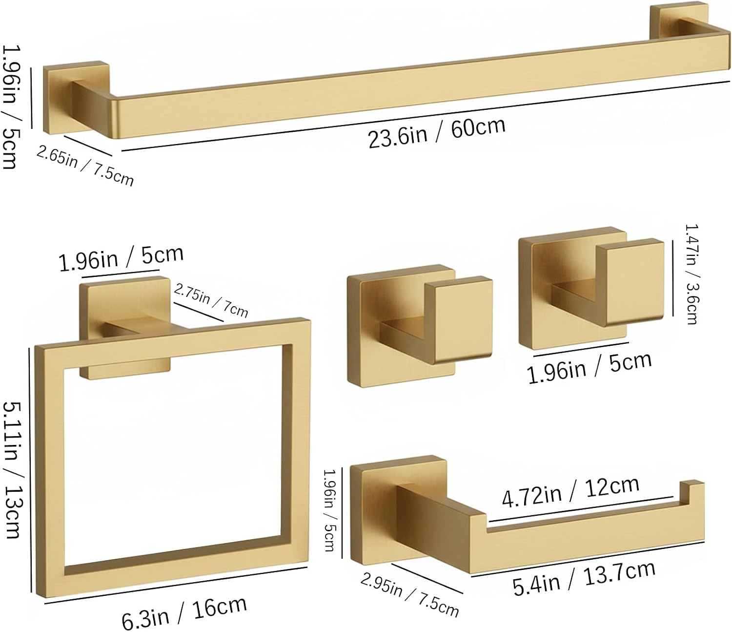 15-Piece Brushed Gold Bathroom Accessories Set – 23.6' Towel Bar, Towel Ring, Toilet Paper Holder & Hooks, Wall Mounted Bathroom Hardware, Rust & Corrosion-Resistant, Ideal for Modern Bathrooms