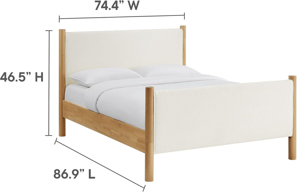 Modway Maven King Size Bed Frame in Feather Oak with Upholstered Boucle Headboard and Footboard – Wood King Platform Bed Frame – No Box Spring Needed