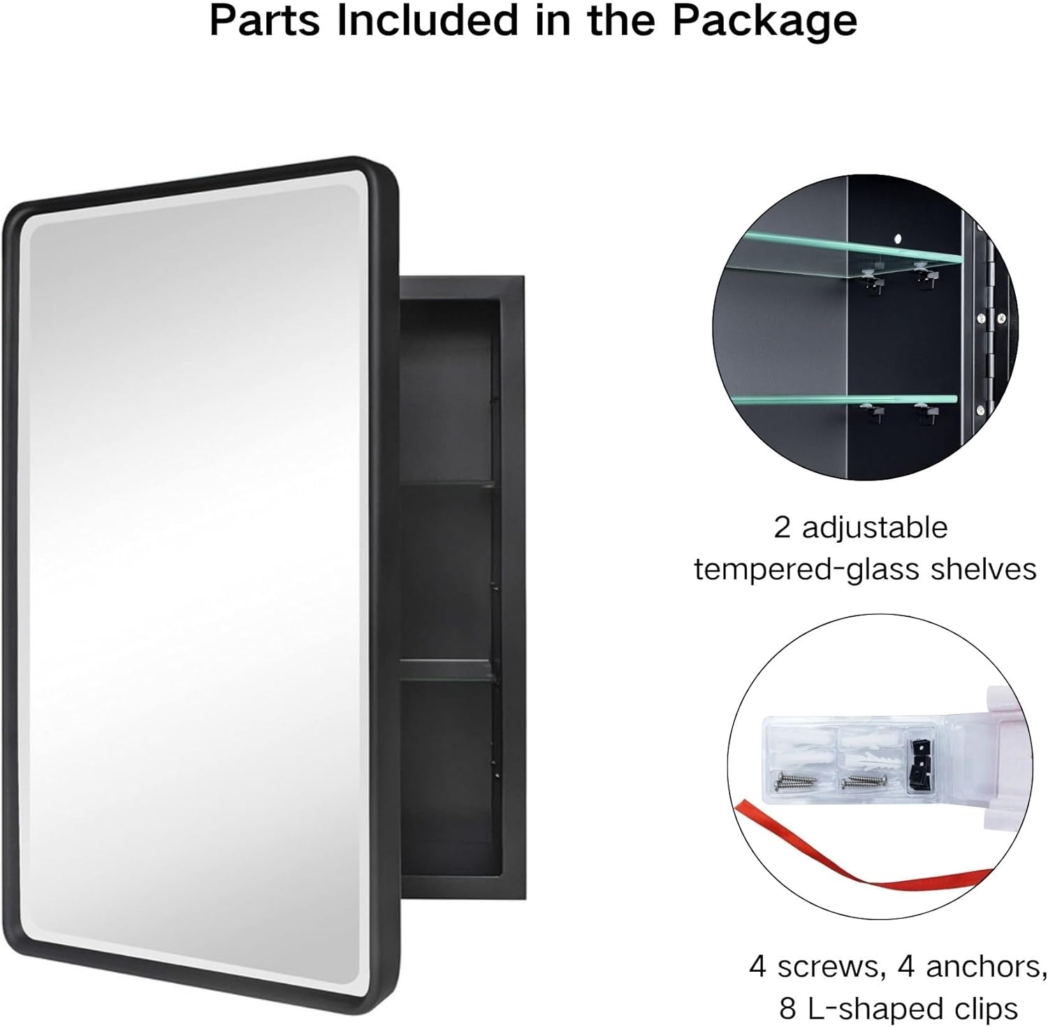 TEHOME Farmhouse Black Metal Framed Recessed Bathroom Medicine Cabinet with Beveled Mirror Rounded Rectangle Bathroom Medicine Cabinet 16x24 inch
