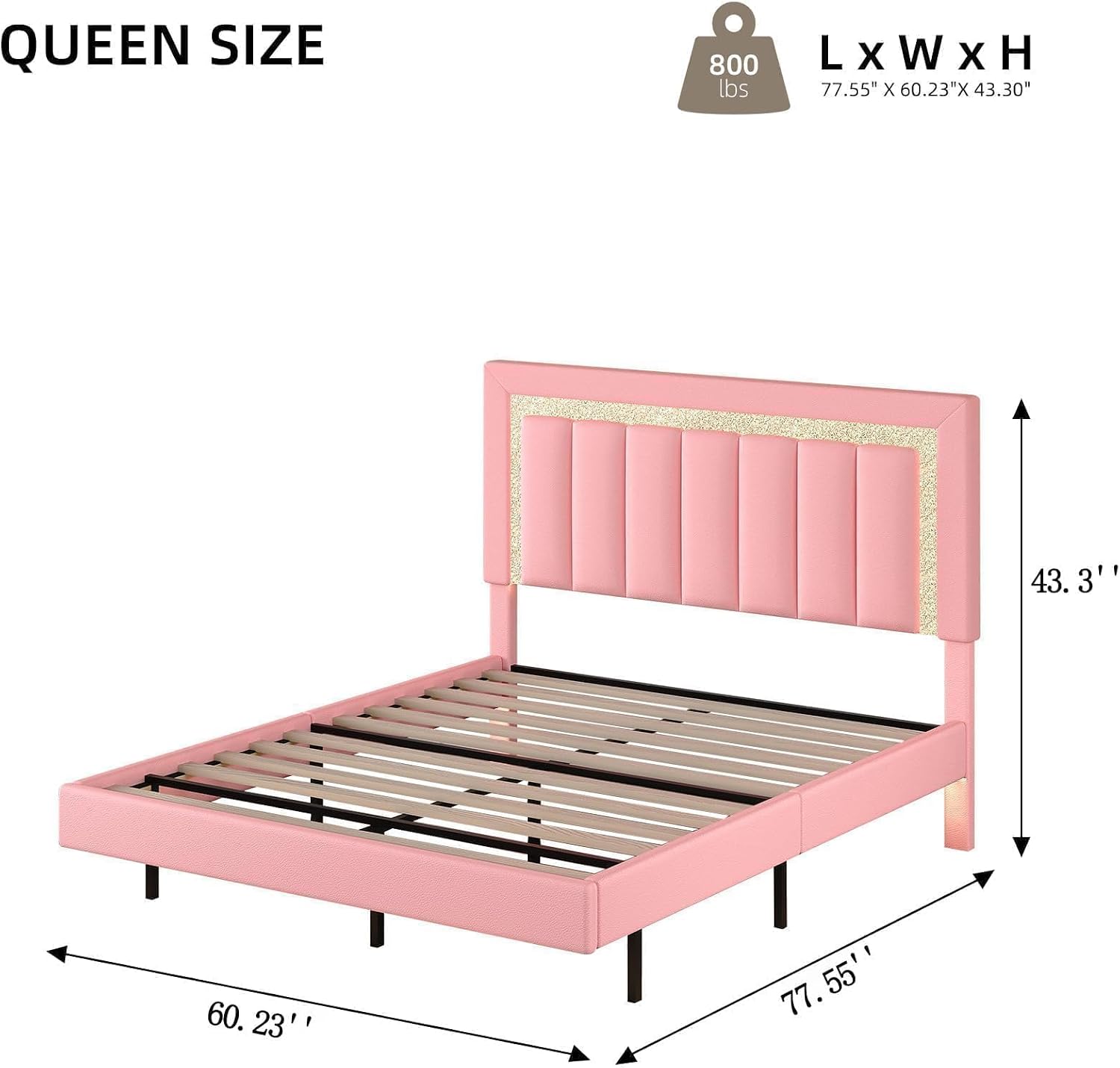 HOMBCK Floating Bed Frame Queen with Smart LED Lights, Faux Leather Upholstered Bed with Diamond PU Headboard, No Box Spring Needed, Noise-Free, Easy Assembly, Pink