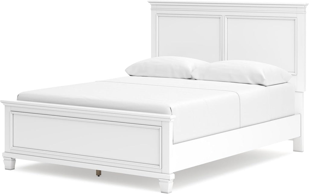 Signature Design by Ashley Fortman Transitional Queen Panel Bed with Tapered Feet, Foundation or Box Spring Needed, White