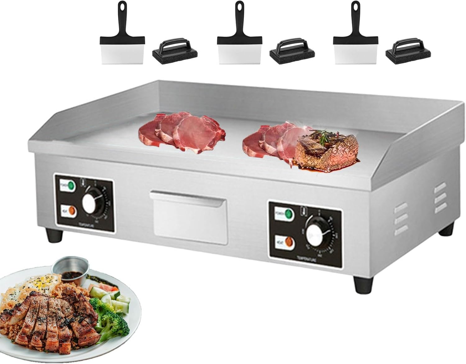 Commercial Electric Griddle, Stainless Steel Countertop Flat Top Grill, Burger Bacon Grill Plate Nonstick Pancake Maker with 3 Cleaning Shovels & 3 Cleaning Bru，3500W