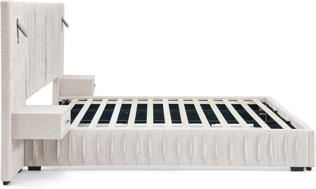 KEIKI Queen Size Chenille Bed Frame with 2 Nightstands, Lamps & Oversize Headboard, Solid Wood Frame Platform Night Stand Bedroom Set, Upholstered Floor Grounded Bed, No Box Spring Needed, Beige