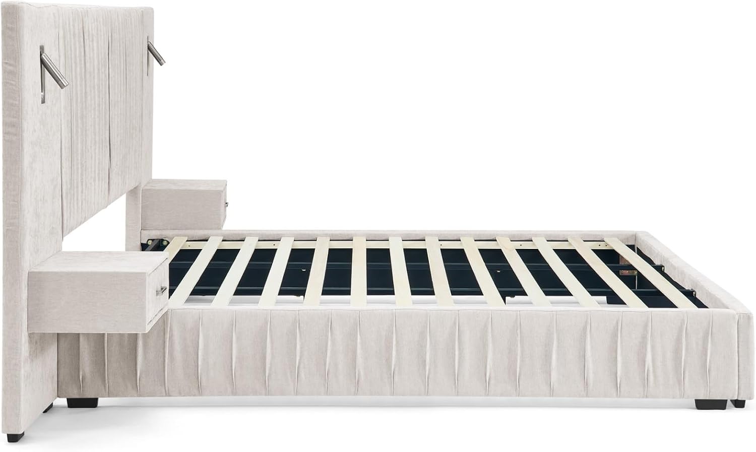 KEIKI Queen Size Chenille Bed Frame with 2 Nightstands, Lamps & Oversize Headboard, Solid Wood Frame Platform Night Stand Bedroom Set, Upholstered Floor Grounded Bed, No Box Spring Needed, Beige