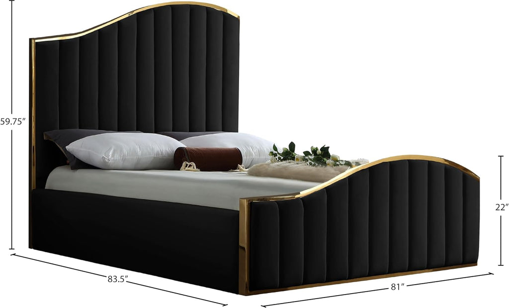 Meridian Furniture Jolie Collection Modern | Contemporary Velvet Upholstered Bed With Channel Tufting, And Polished Gold Metal Frame, Black, King