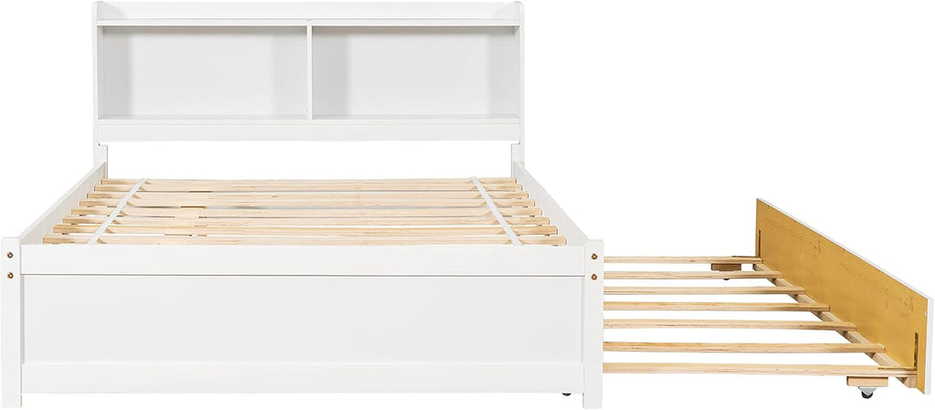 Full Size Bed Frame with Trundle,Captain's Bed Full with Bookcase Headboard for Kids,Trundle Bed with Storage for Kids,Teens,Adults(White)