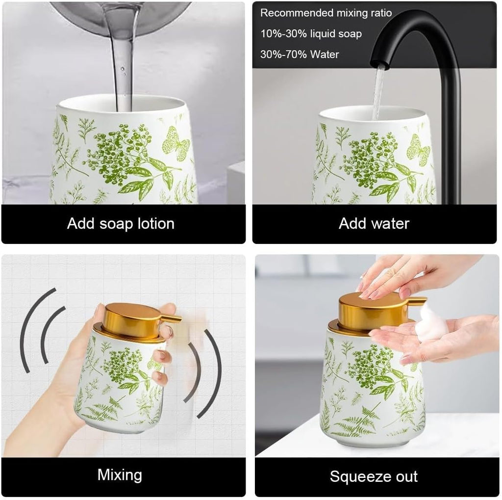 Bathroom Accessories Set Ceramic Bathroom Accessory Set Plant Patterns Accessories with Soap Dispenser Dish Tumbler for Home Decor Victorian(4 Piece Set-Greenery)
