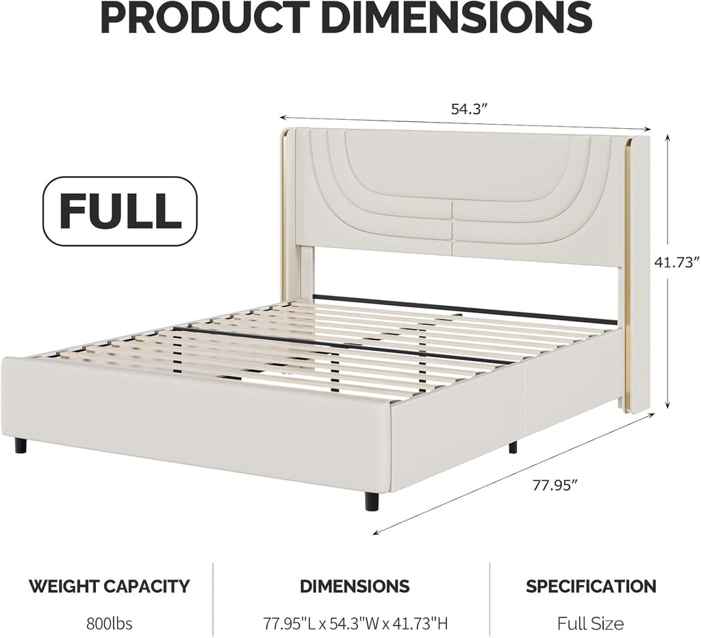 REVOMINCA Full Size Bed Frame with LED Lights, Faux Leather Upholstered Platform with Silver Wingback Headboard, Modern Style, No Box Spring Needed, Easy Assembly, Cream