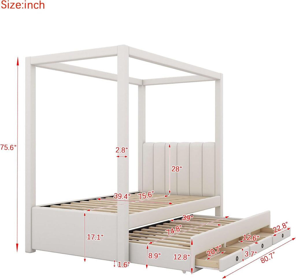 Twin Size Linen Upholstered Canopy Bed with Trundle and 3 Storage Drawers for Bedroom, Guest Room (Twin)