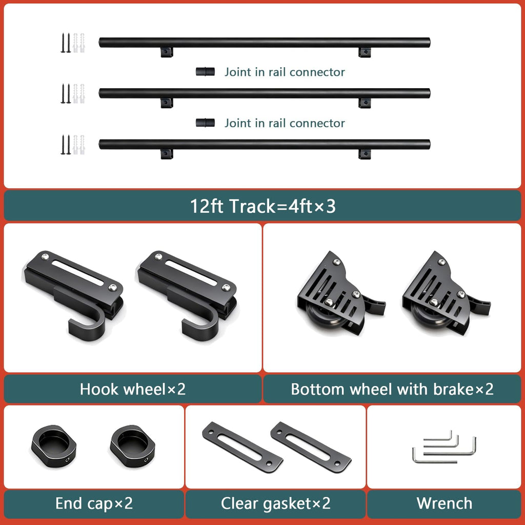12FT Sliding Library Ladder Hardware Kit,Black Telescopic Top Hook,Bottom Wheel with Brake,MAX Load 300lbs,No Ladder