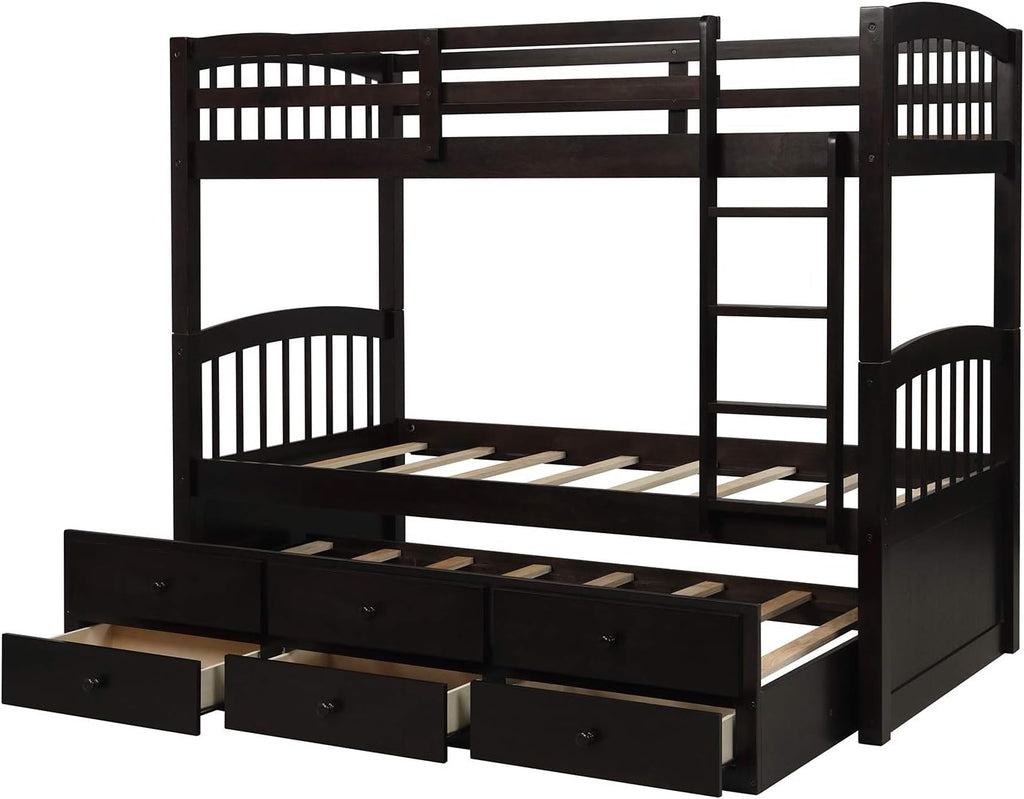 Harper&Bright Designs Twin Over Twin Bunk Bed with Safety Rail, Ladder, Twin Trundle Bed with 3 Drawers for Bedroom, Guest Room Furniture, Dark Espresso