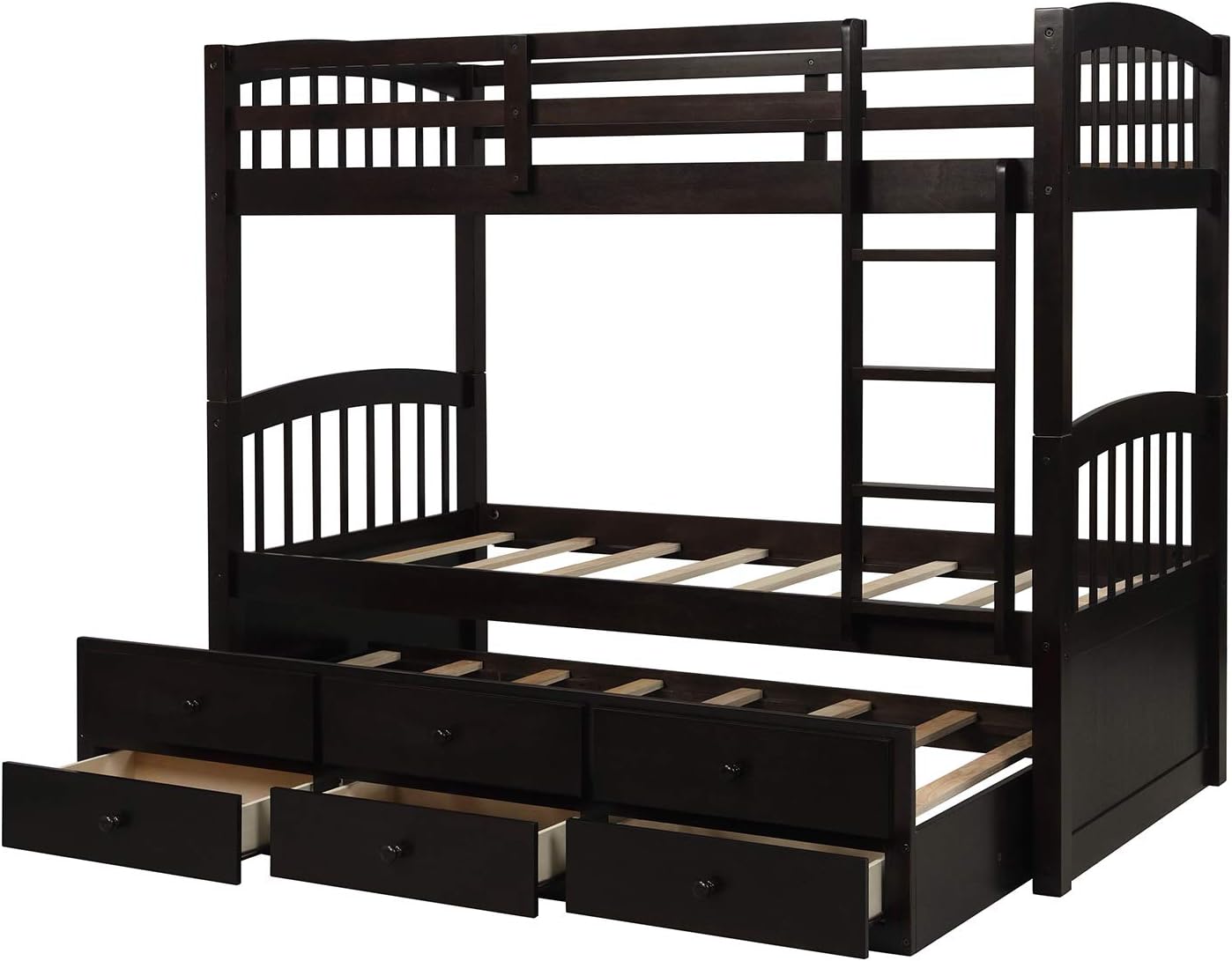 Harper&Bright Designs Twin Over Twin Bunk Bed with Safety Rail, Ladder, Twin Trundle Bed with 3 Drawers for Bedroom, Guest Room Furniture, Dark Espresso
