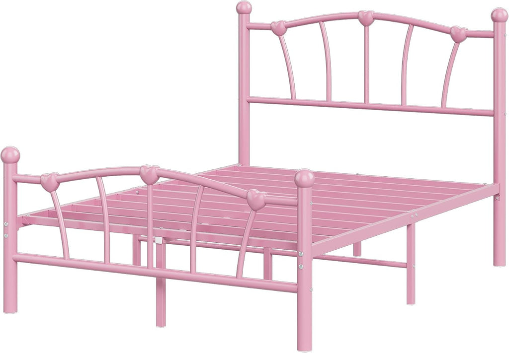 GarveeHome Full Size Bed Frame, Heart Shaped Metal Bed Frame with Headboard and Footboard, Platform Bed Frame with Sturdy Slat Support, Underbed Storage Space, No Box Spring Needed, Pink