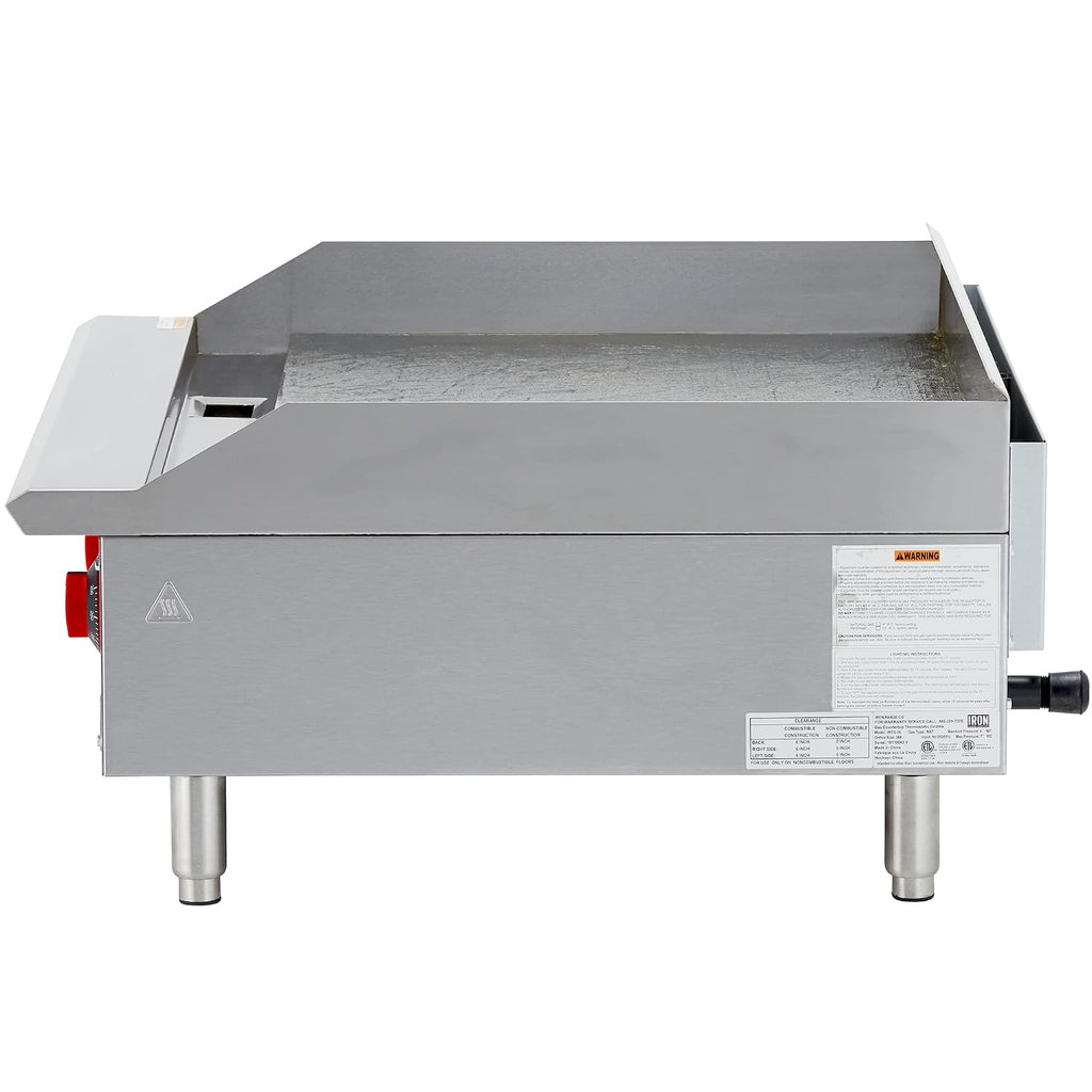 Iron Range IRTG-36 36' x 21' Countertop Commercial Gas Griddle, 3 Burners, 90,000 BTU, Thermostatic Control, Stainless Steel, ETL Listed, LPG Conversion Kit, Easy-to-Clean Grease Tray