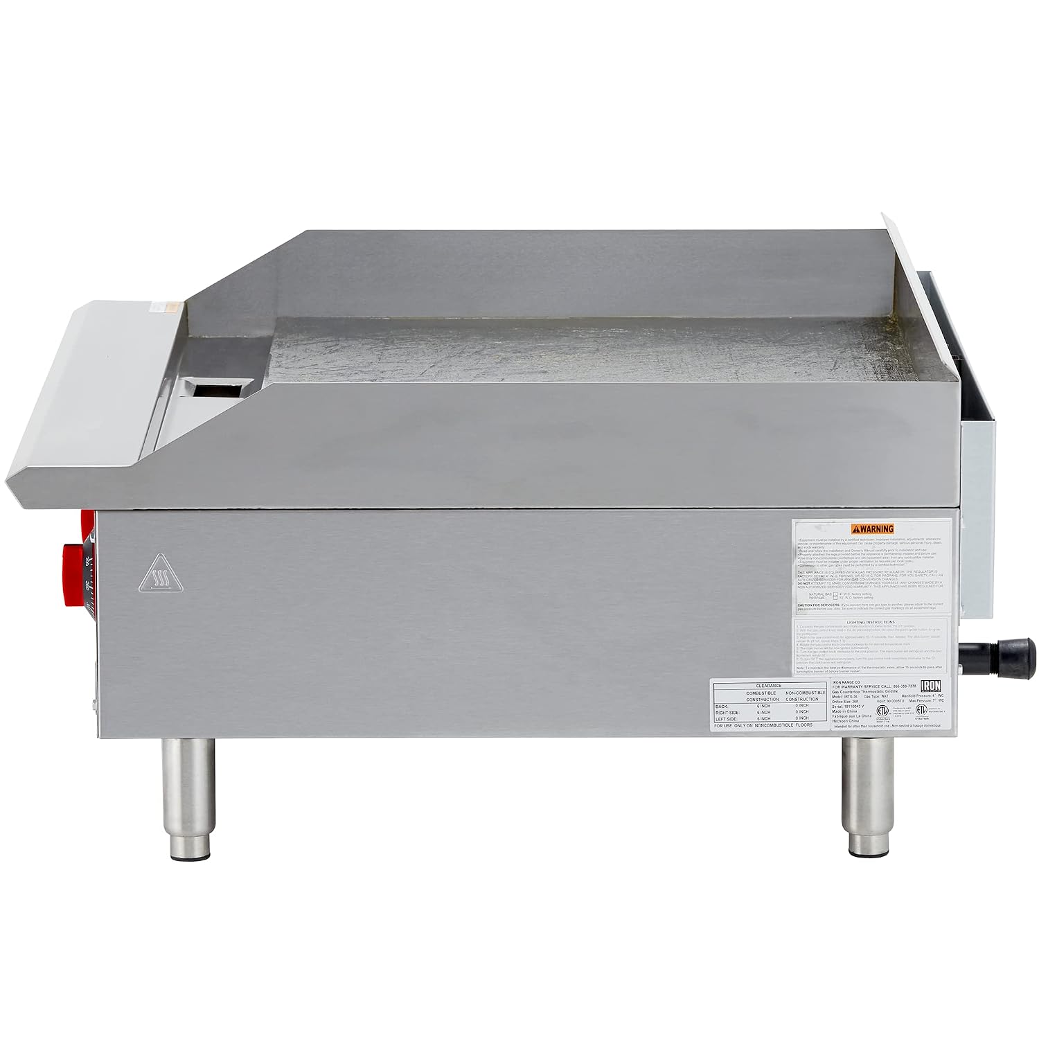 Iron Range IRTG-36 36' x 21' Countertop Commercial Gas Griddle, 3 Burners, 90,000 BTU, Thermostatic Control, Stainless Steel, ETL Listed, LPG Conversion Kit, Easy-to-Clean Grease Tray