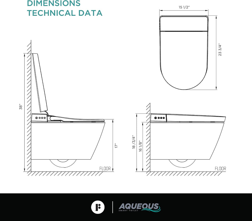 Aqueous In-Wall Smart Toilet Combo Set – Complete System with Toilet Bowl, Bidet Toilet Seat, Tank, Carrier for 2x4 Studs, Chrome Push Buttons, Round and Elongated Compatibility