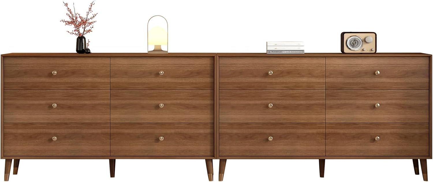 6 Drawer Dresser For Bedroom, 2 PCS 47 Inch Dresser for Closet with Walnut Frame, Modern Wood Chest of Drawers with Natural Texture & Pre-Embedded Slots For TV Stand, Living Room, Hallway, Office