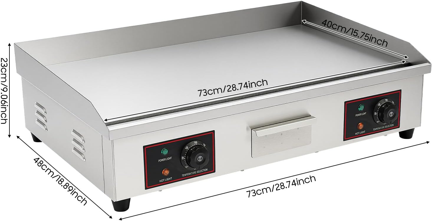 30' Commercial Electric Flat Top Griddle w/Adjustable Temp Control 122-572°F, 3000W Restaurant-Grade Stainless Steel Countertop Grill w/Oil Drain System(No Plug)